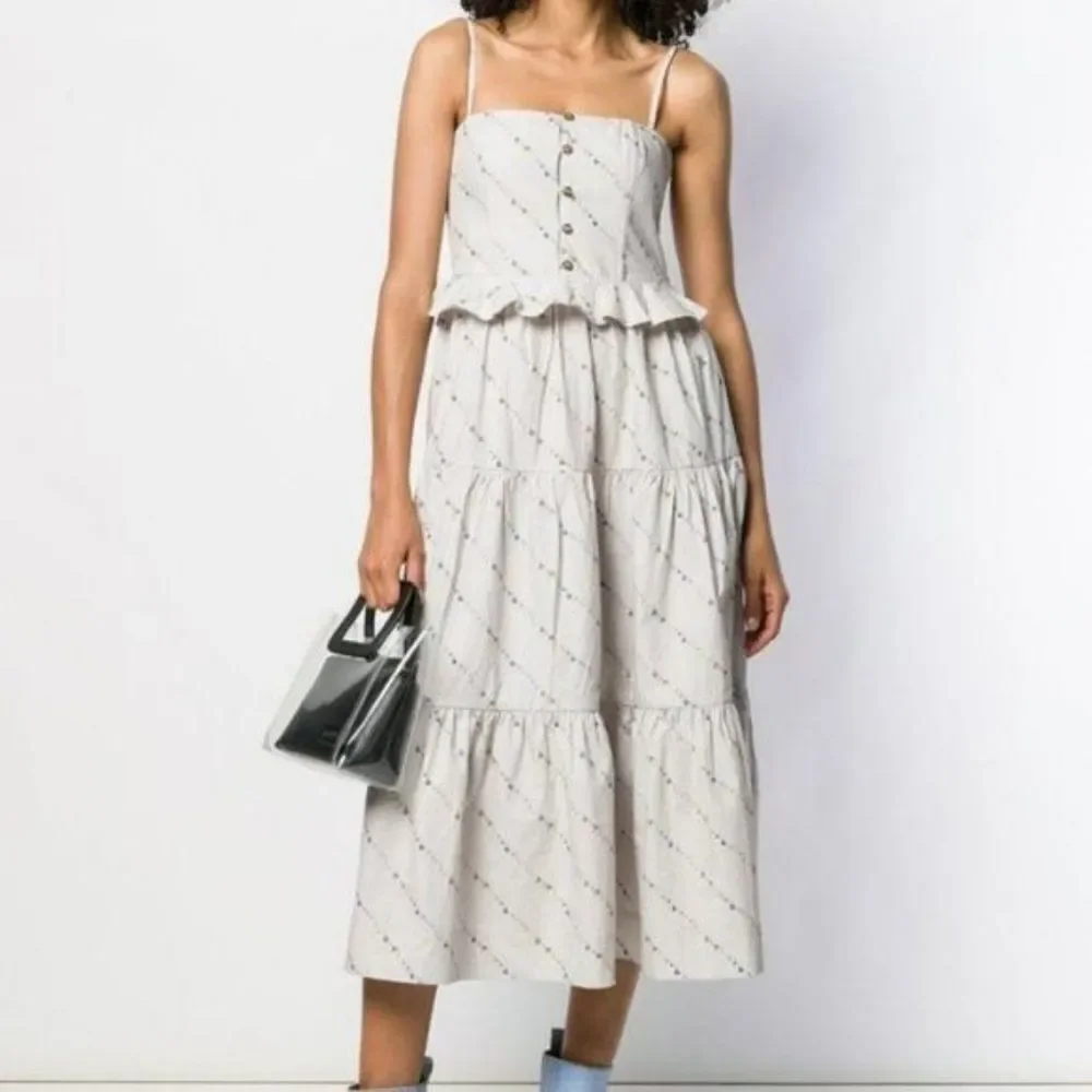 Ganni Gray Floral Print Ruffle Poplin Tiered A-line‎ Pocket Midi Sundress L